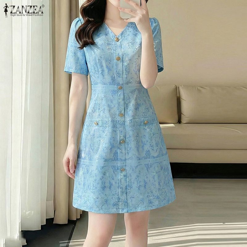 ZANZEA Women Elegant Print Casual V-Neck Summer Short Sleeve Dress