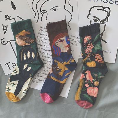 Vintage College Style Creative Color Trendy Socks Men'S Socks Children'S Medium Tube Socks High Waist Personality Oil Painting