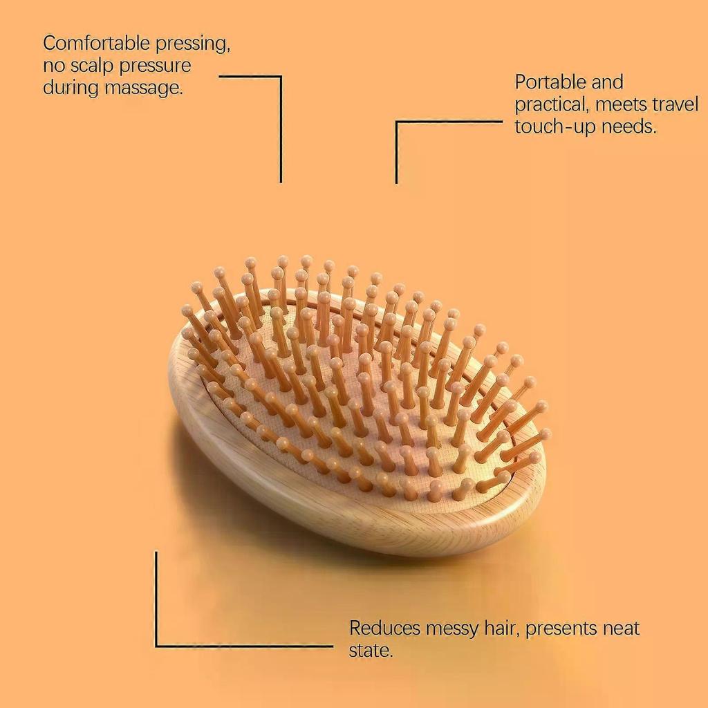 Bamboo Scalp Massager Brush for Hair Growth Mini Round Hairbrush with Natural Bamboo Bristles & No Handle Design | Anti-Static Wooden Pins for Detang