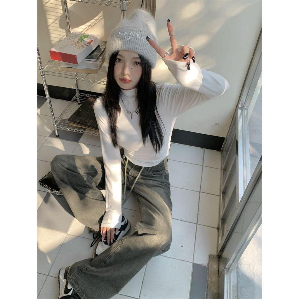 Women's Spicy Girl Ruched Semi-High Neck Slim Fit Long Sleeve Top