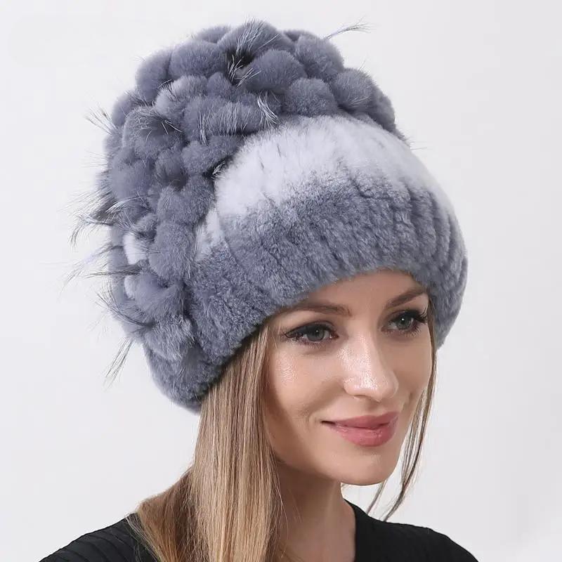 Women's Winter Rabbit Fur Hat 100% Rex Fur Beanie with Floral Patchwork, Warm Knitted Fluffy Trapper Cap