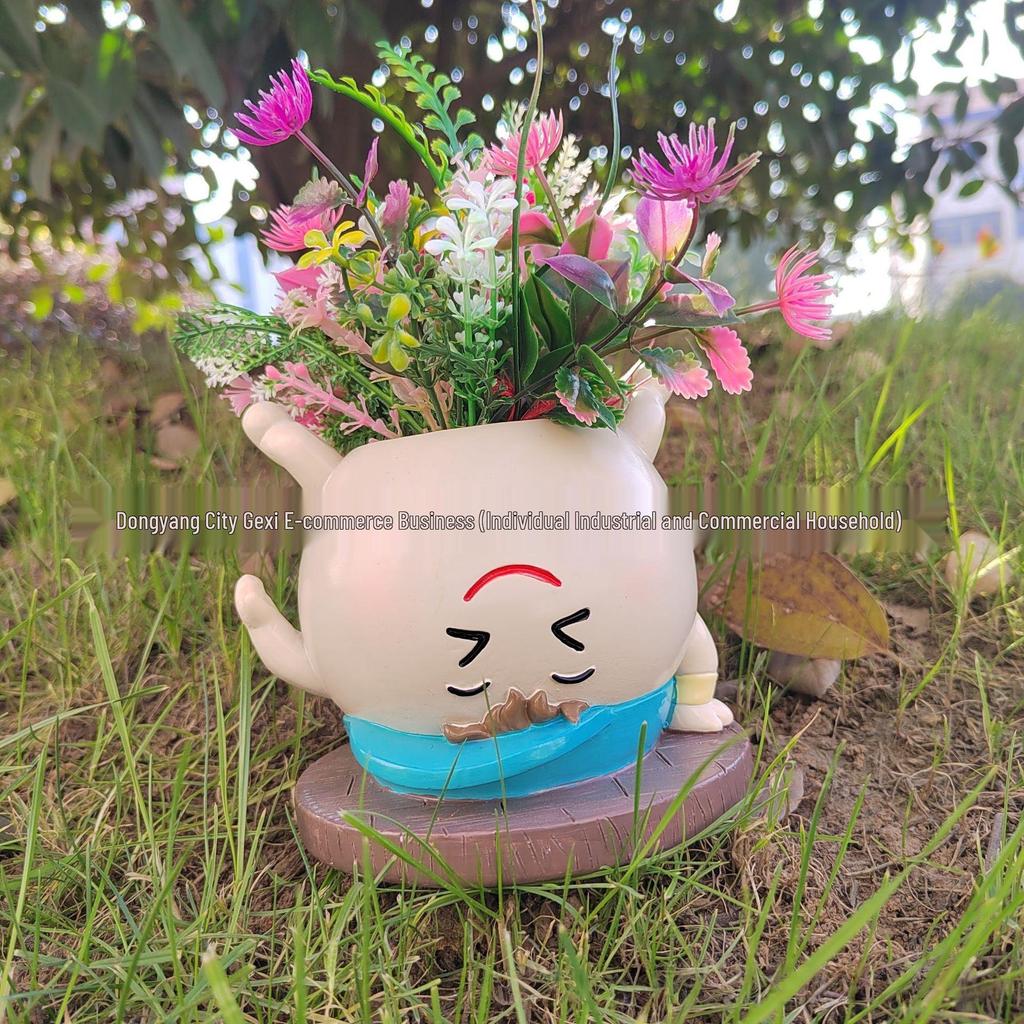 Bedårande sittande stor mage blomkruka skulptur för trädgård eller gräsmatta