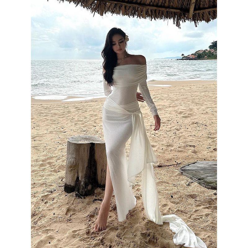 

Sexy See-through High Waist Rope Streamer Long Sleeve Dress White S