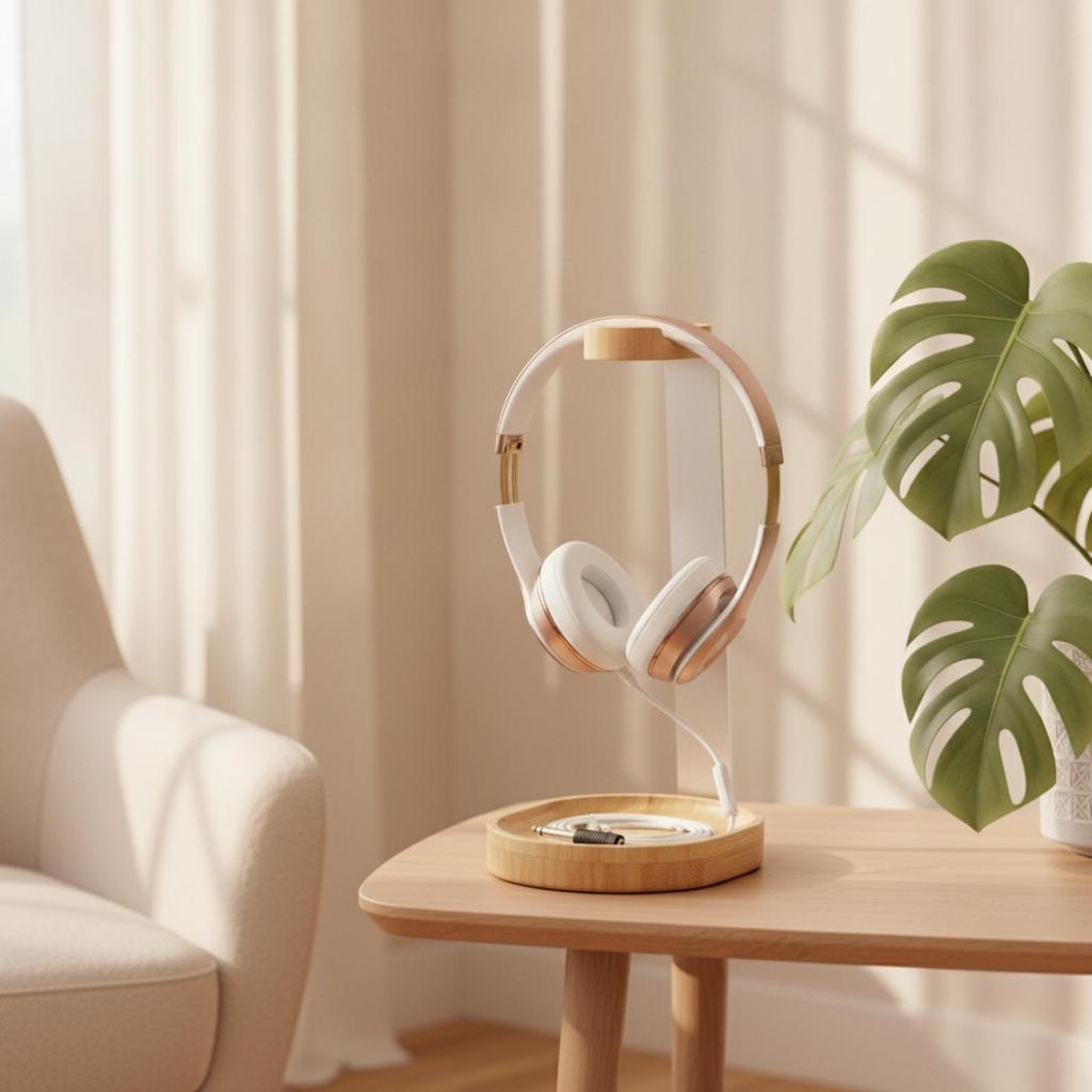 Headphone Stand with Wooden Base Desktop Wood Minimalist Headset Holder Storage