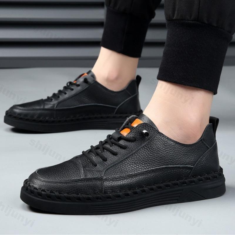 Men Cow Leather Casual Shoes 2025 Spring Autumn Comfortable Fashion Stitch Flat Skateboard Shoes Handmade Vulcanized Shoes