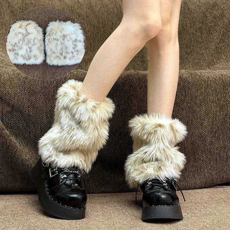 25-40cm Black White Grey Vintage Faux Fur Leg Warmers Winter Warm Furry Boots Cover for Women Sock Punk Jk Cosplay Accessories