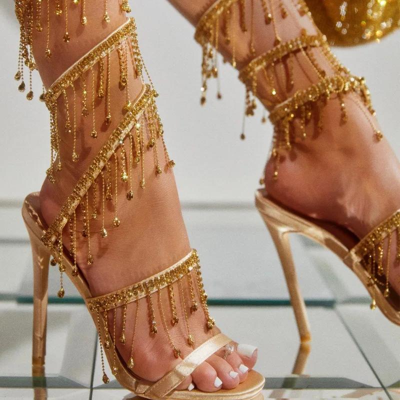 2024 Summer New Water Diamond Slim Heels Women's Shoes Wrapped Around the Feet Roman Style High Heel Sandals Large 42