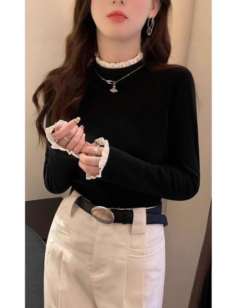 Korean Style Semi-High Neck Lace Patchwork Shirt - Women's Long Sleeve Autumn/Winter Top