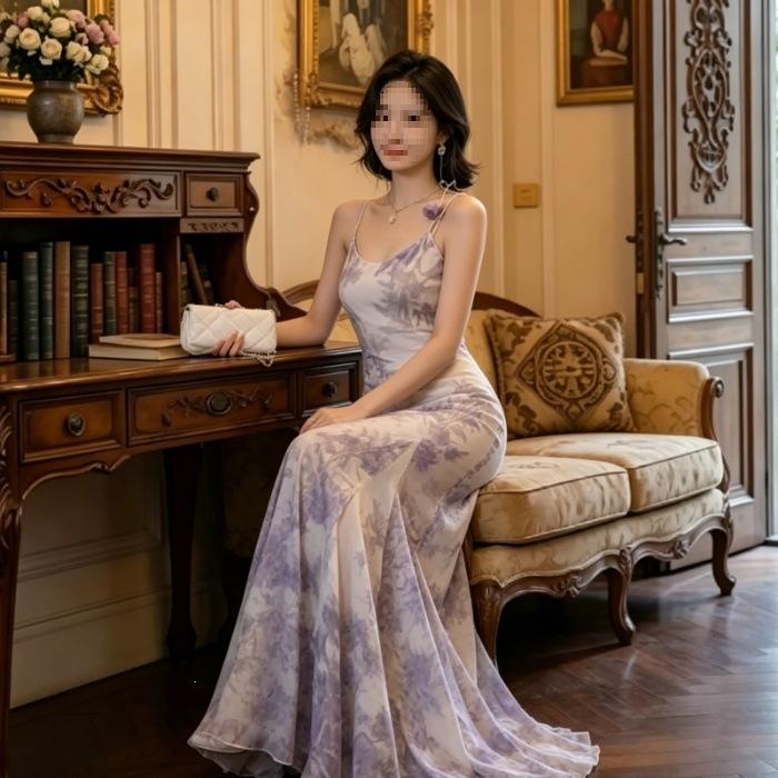 New Chinese-style purple suspender dress, spring and summer new step-by-step lotus waist and thin temperament fishtail skirt