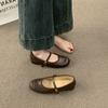 Vintage Versatile Evening Breeze One-Word Buckle with Round Head Mary Jane Shoes Commuter Small Brown Leather Shoes Ballet Shoes.