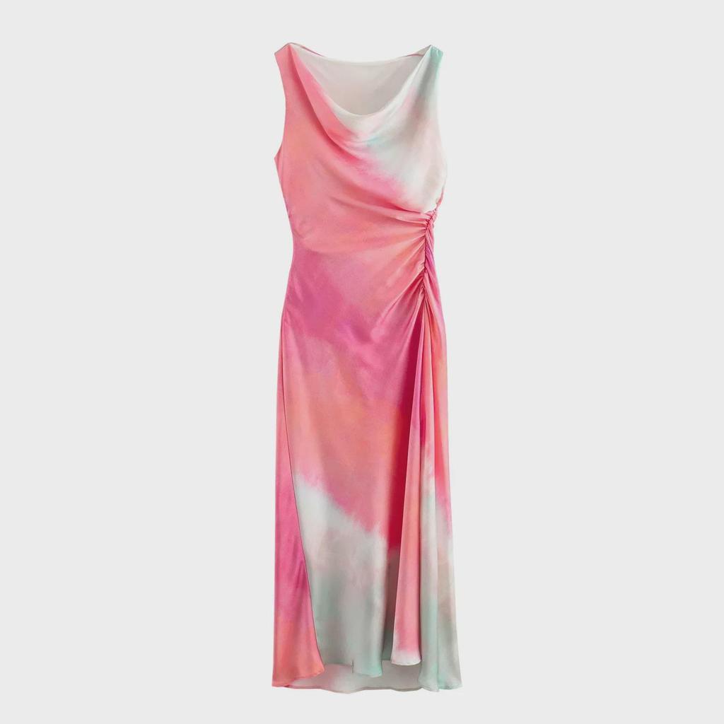 Sukienka midi z satyny tie-dye bez rękawów: 2024 Dopasowany krój w stylu europejskim i amerykańskim