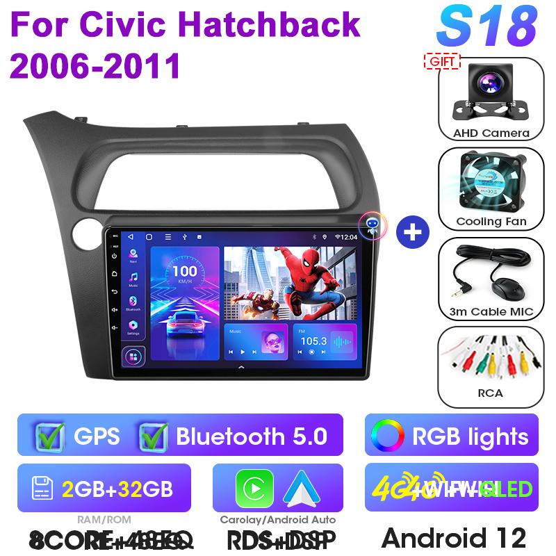 2 Din Android 12 Car Radio For Honda Civic Hatchback 2006-2011 Multimedia Video Player GPS 4G Carplay Auto Stereo RDS Head Unit