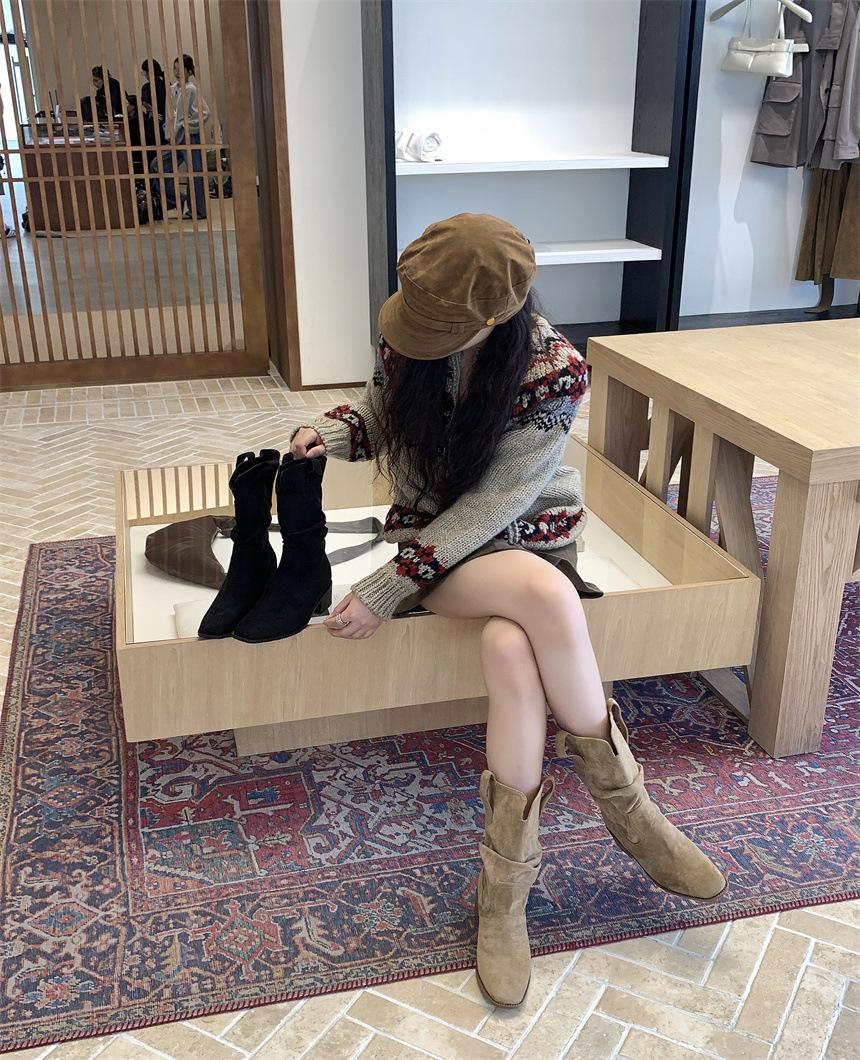 

Ботильоны с голенищем ретро замшевые абрикосовые короткие ботинки ковбойские ботинки универсальные женские ботинки весна и лето толстый каблук женские ботинки модные ботинки 39 хаки