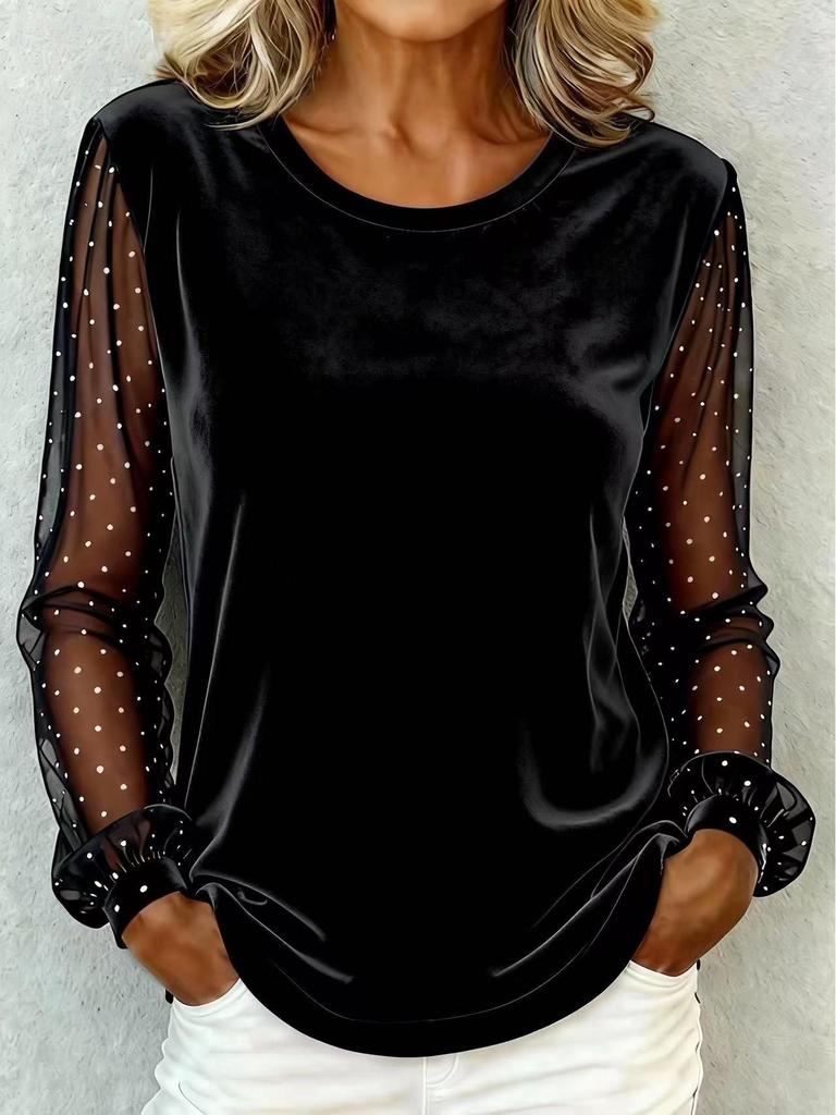 Elegant European & American Women's Lace Patchwork Velvet Long Sleeve T-Shirt