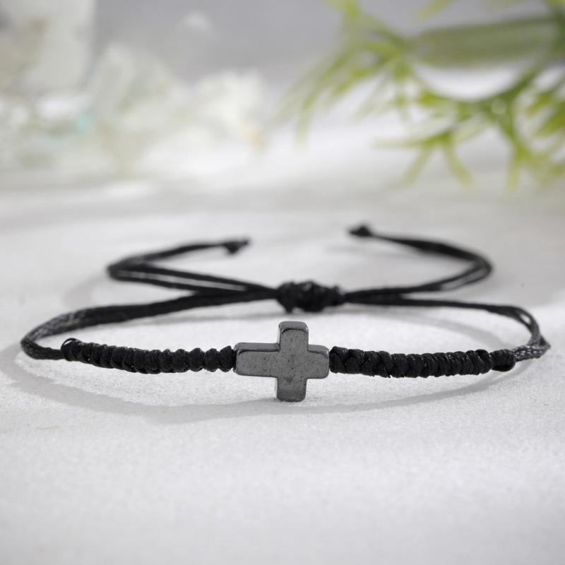 Handcrafted Woven Cord Bracelet with Crucifix Charm Adjustable for Men Stylish Gift Black Minimalist Fashion Bangle