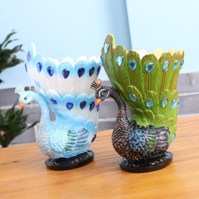Resin Mini Peacock Miniatures Home Decoration Statue Ornament Pen Holder Brush Pot Home Art Crafts