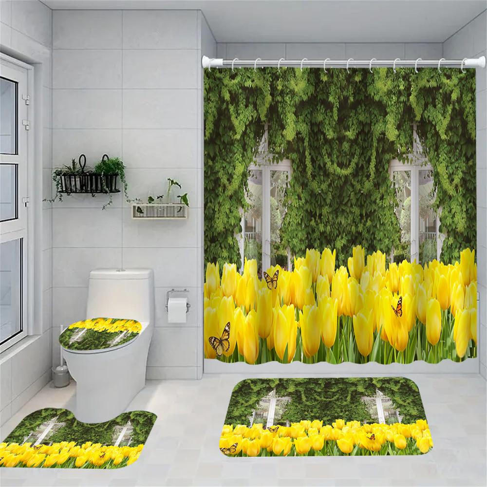 1/4 Forest Waterfall Print Shower Curtains, Toilet Seat Decoration, Shower Curtain with Carpet and Toilet Lid, 70.8x70.8 Inch