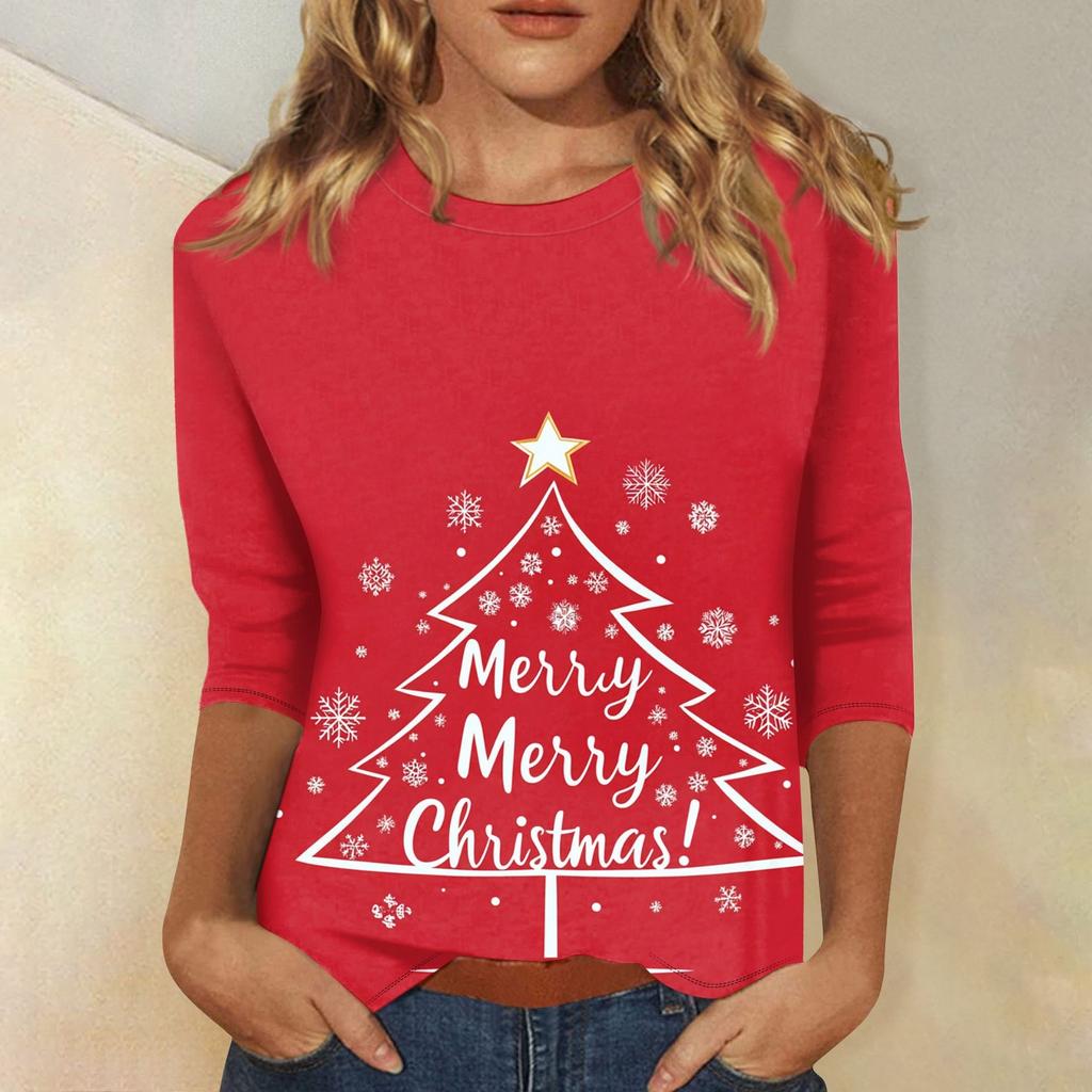 Women's O-Neck 3/4 Sleeve Christmas Print Top
