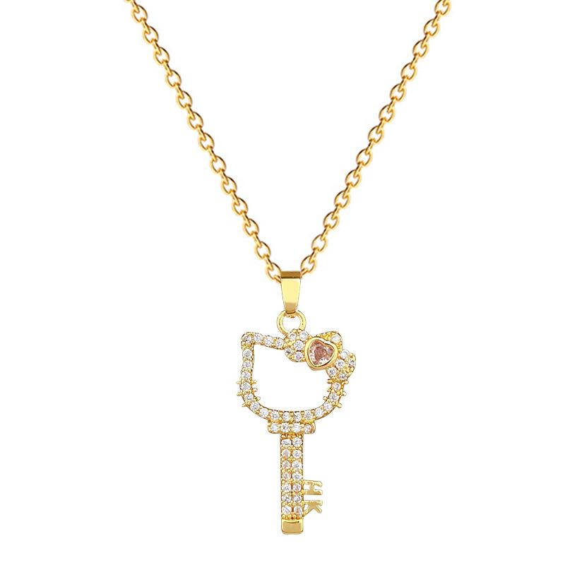 Acciaio al Titanio, Chiave Personalità Gatto, Zircone Temperamento Splendido Collana Interamente Ricoperta di Diamanti, Catena Versatile per Clavicola Femminile, Catena in Acciaio al Titanio