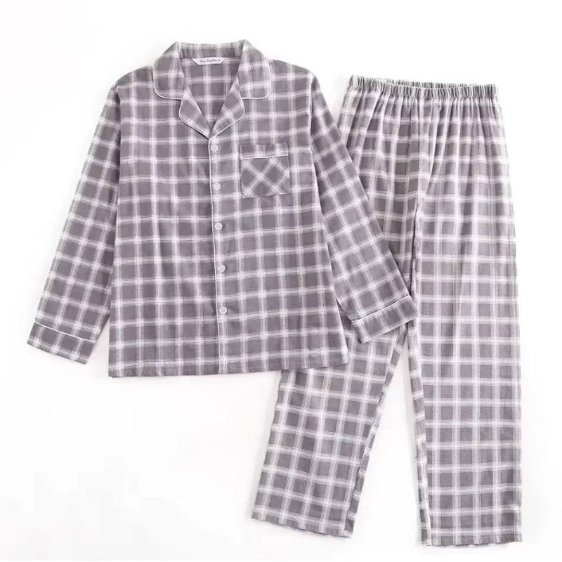 Rutet design Flerfarget Varm bomullsflanell Langermet Bukser Pyjamas for menn Høst og Vinter Hjemmeklær Nattøy Sett