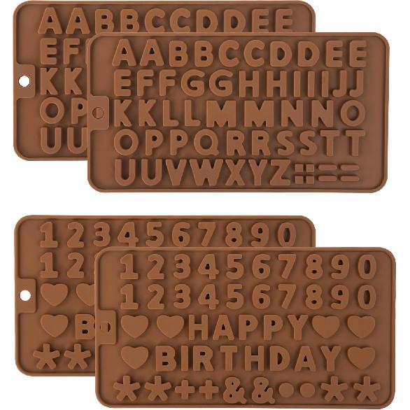 4 Pcs Silicone Letter Mold and Number Chocolate Molds, Non-Stick Alphabets & Numbers Candy Mold with Happy Birthday Cake Decorations Symbols, Perfect 4 Letter Molds