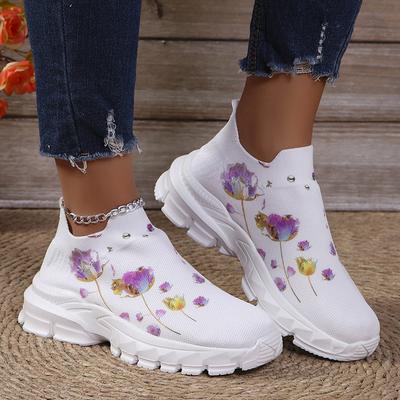 Baskets à plateforme imprimées pour femmes, chaussures de course blanches respirantes en tricot, chaussures de sport légères et antidérapantes pour femmes