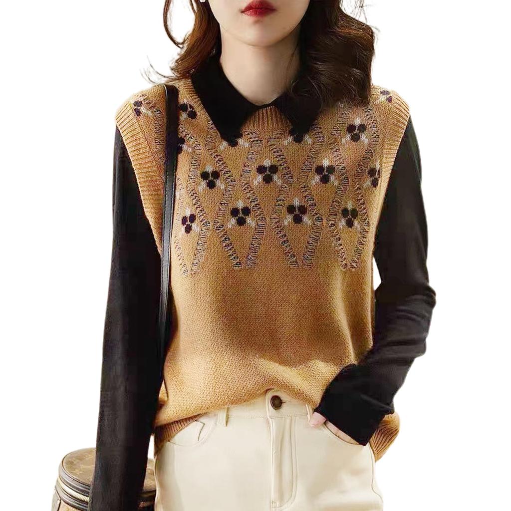 Jililoo Knit Geometric Round Sweater Women's Vest, Print, Neck, Sleeveless, Fall/Winter (Size L, Coffee)