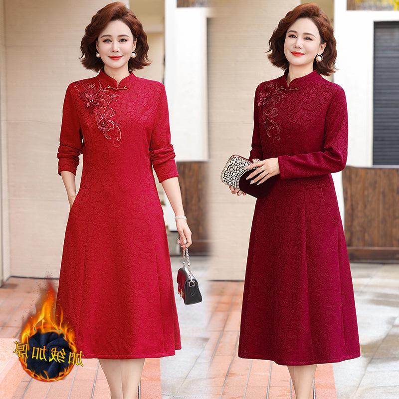 Теплый зимний ципао большого размера для матери невесты – Длинный, Бархатный, Более плотный XXL (105-120 kg) красный