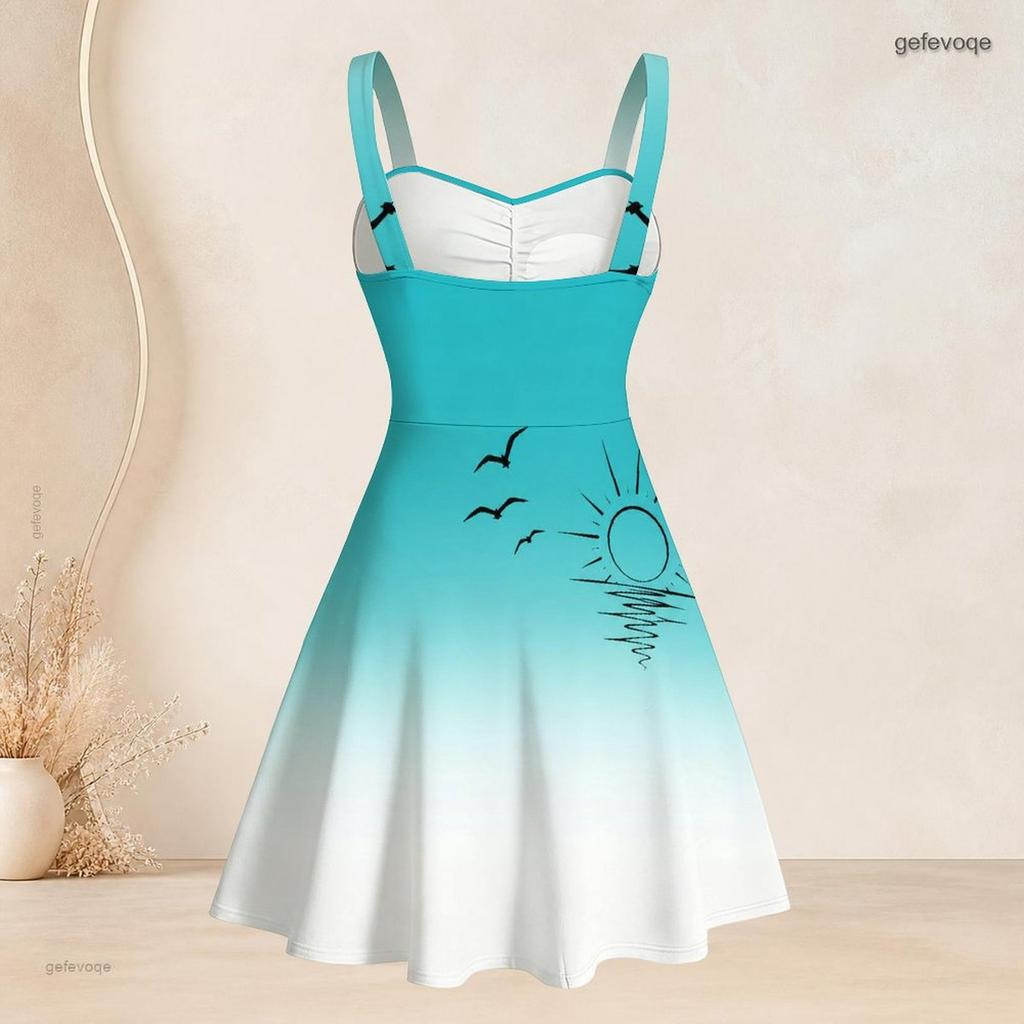 Women Plus Size Black Tropical Leaf Printed Square Neck Sleeveless Strappy Flared Dress