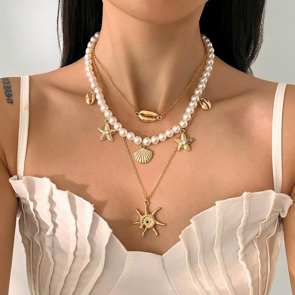 Bohemian Pearl Beaded Necklace Starfish Shell Pendant Necklace Holiday