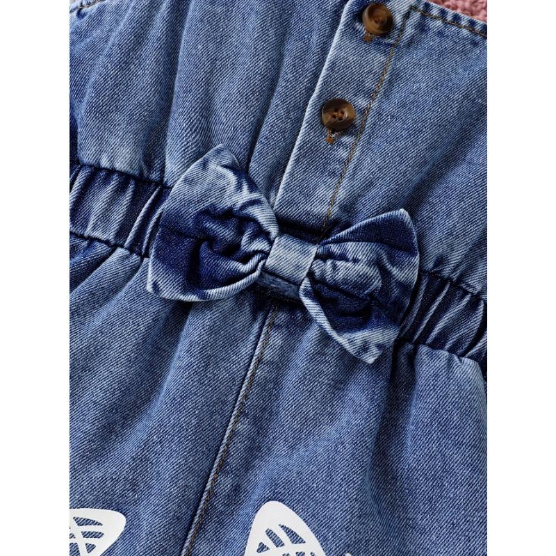 2pcs Set Of Elegant, Sweet, And Cute Little Girl'S Neat Color Pit Stripe T-shirt And Butterfly Print Ruffled Denim Jumpsuit Suitable