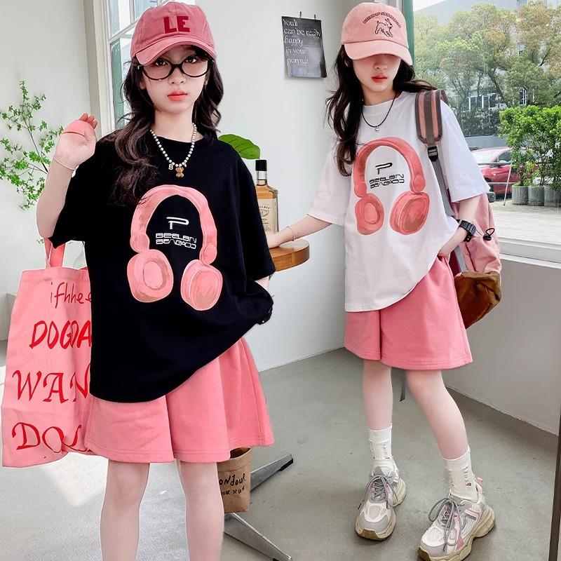 Girls Summer T Shirt Short Sleeved Korean Version Casual Summer Sports Children's Short Sleeved Shorts Two Piece