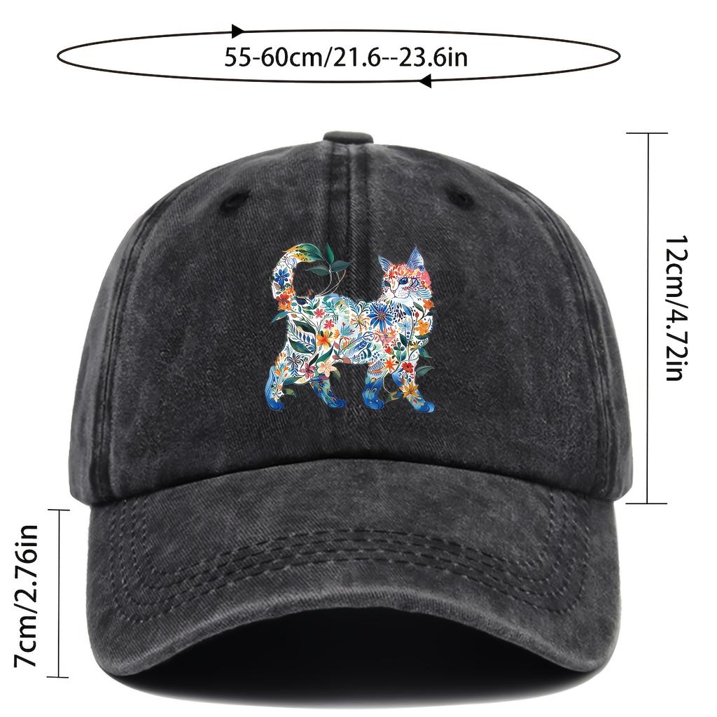 Floral Cat Print Baseball Cap Cotton Adjustable Unisex Casual Sports Outdoor Snapback Hat