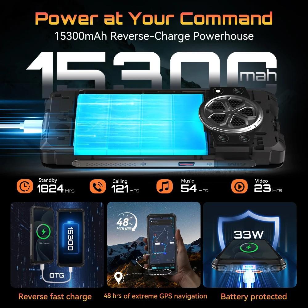 Cubot KINGKONG POWER 5, Robust smarttelefon Android 15, 15300mAh batteri, 6.88" 120Hz skjerm, 6GB RAM, 128GB ROM, MTK G100, NFC