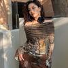 VAYLA Japanese Y2k Off Shoulder Tops Vintage Harajuku Flare Sleeve T-shirt Grunge Aesthetics Slash Neck Patchwork Mesh Tops