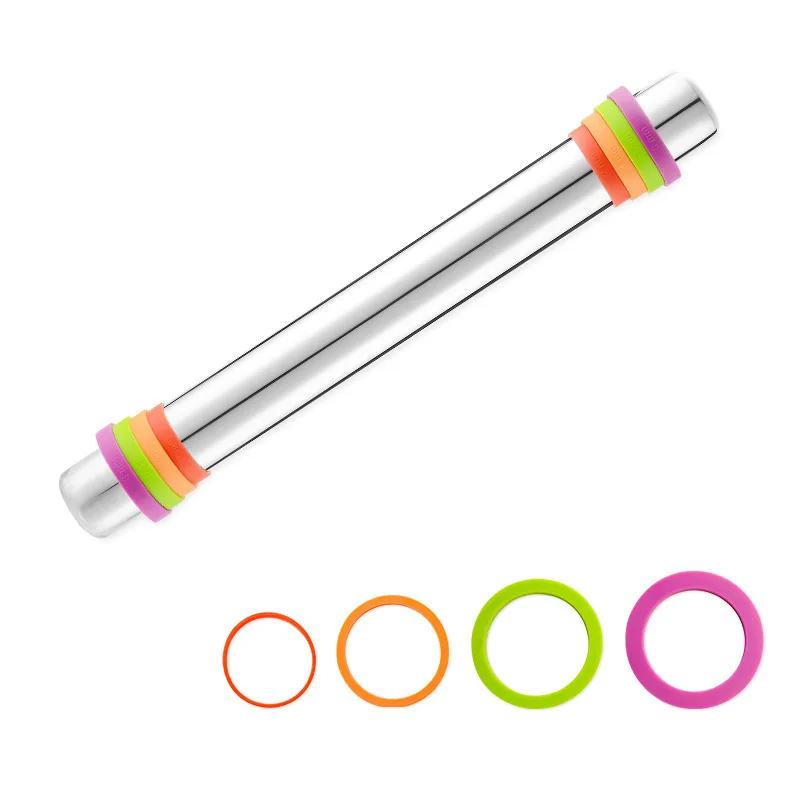 

Adjustable Stainless Steel 304 Rolling Pin Dough Mat Dough Roller 4 Removable Thickness Rings for Cake Pizza Pastry Baking Tools