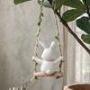 Rabbit on A Swing Ornament Durable Resin Waterproof Hanging Decor with Hemp Rope And Leaf Design Pendant for