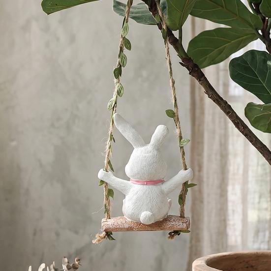 Rabbit on A Swing Ornament Durable Resin Waterproof Hanging Decor with Hemp Rope And Leaf Design Pendant for