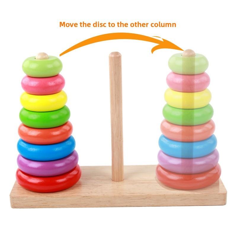 Wooden Toy Tower Of Hanoi Puzzle With Rainbow Rings For Kids Educational Play