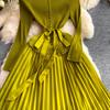 Elegant V-neck Long Sleeve Pleated Dress for Women Orange Red Pearl Trim Belted Waist 3D Flower Hem Midi Dresses Women