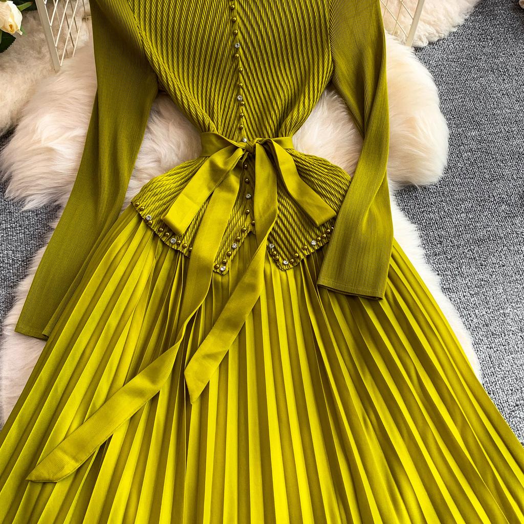Elegant V-neck Long Sleeve Pleated Dress for Women Orange Red Pearl Trim Belted Waist 3D Flower Hem Midi Dresses Women