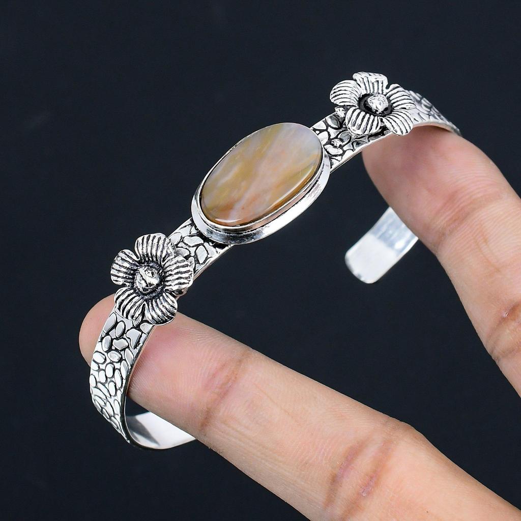 Mothers Day Deal 925 Silver Landscape Jasper Gemstone New Flower Bangle Bracelet