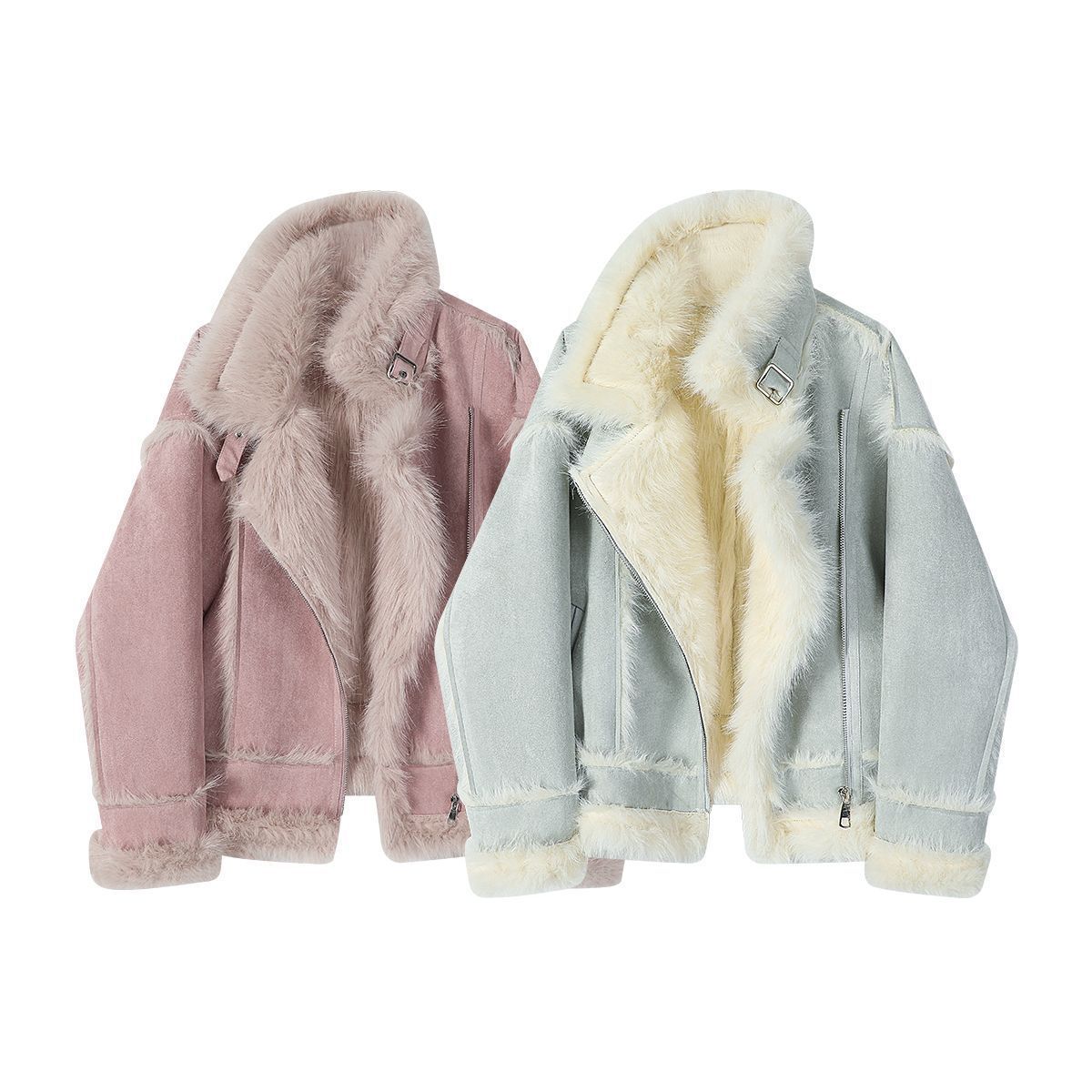 

Winter new temperament imitation fox fur fur integrated suede lapel locomotive fur jacket women S recommends 80-50kg светло-синий