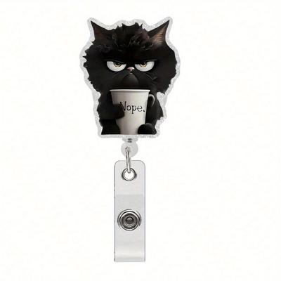 1 Stück Niedliche Teetasse Schwarze Katze Einziehbarer Ausweishalter, 2D Acryl Nylonschnur, Geeignet für Büro Krankenschwestern, Studenten, Ärzte, Examinierte Krankenschwestern