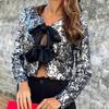 Women's Shiny Sequin Cropped Jacket Bow Tie Round Neck Long Sleeve Solid Color Slim Fit Casual Coat Spring Autumn Female Party Top