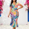Women Plus Size V Neck Short Sleeve Printed Black Pink Fitted Fishtail Dress