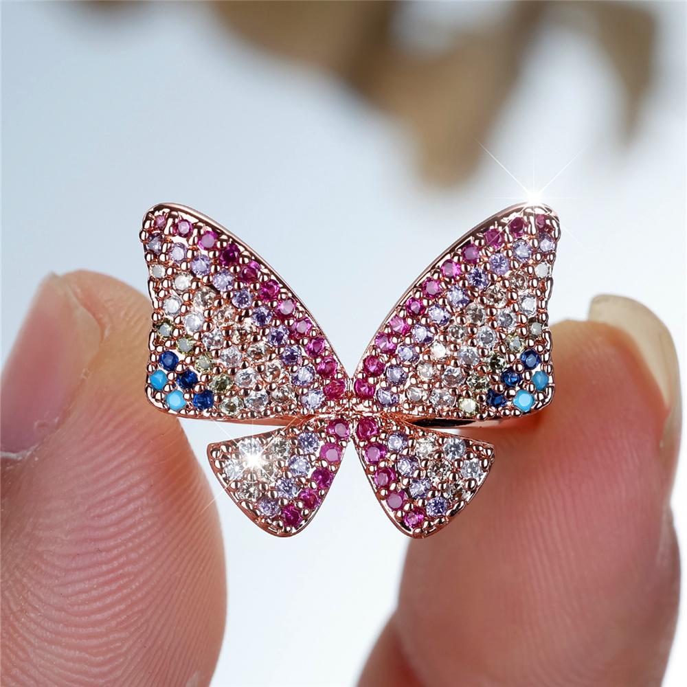 Charm Female Rainbow Butterfly Stone Adjustable Open Ring Gold Silver Color Cute Gift Wedding For Women