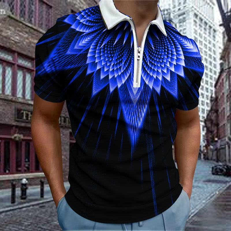 

Повседневная футболка с лацканами, молодежная модная футболка с застежкой-молнией, футболка с коротким рукавом, мужская футболка с 3D-принтом с круговыми цветами 3XL синий