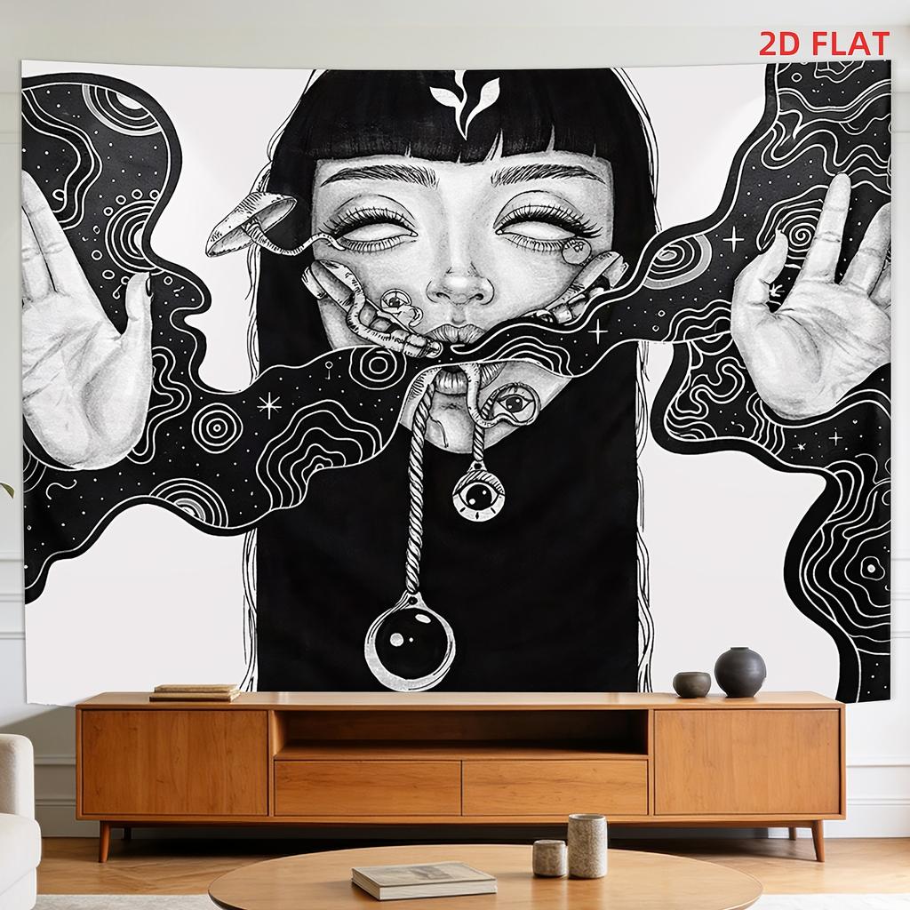 Dark Surrealing psychedelic Girl Tapestry Black and White Hand drawn Universe Mushroom Space Galaxy Cosmic Nebula