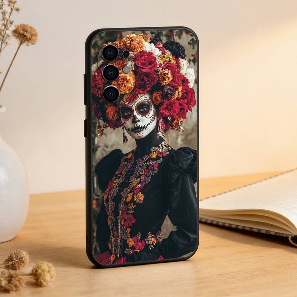 Mexican Catrina Skull Girl Phone Case For Samsung S25,S24,S21,S22,S23,S30,Ultra,S20,Plus,Fe,Soft Silicone Black Cover